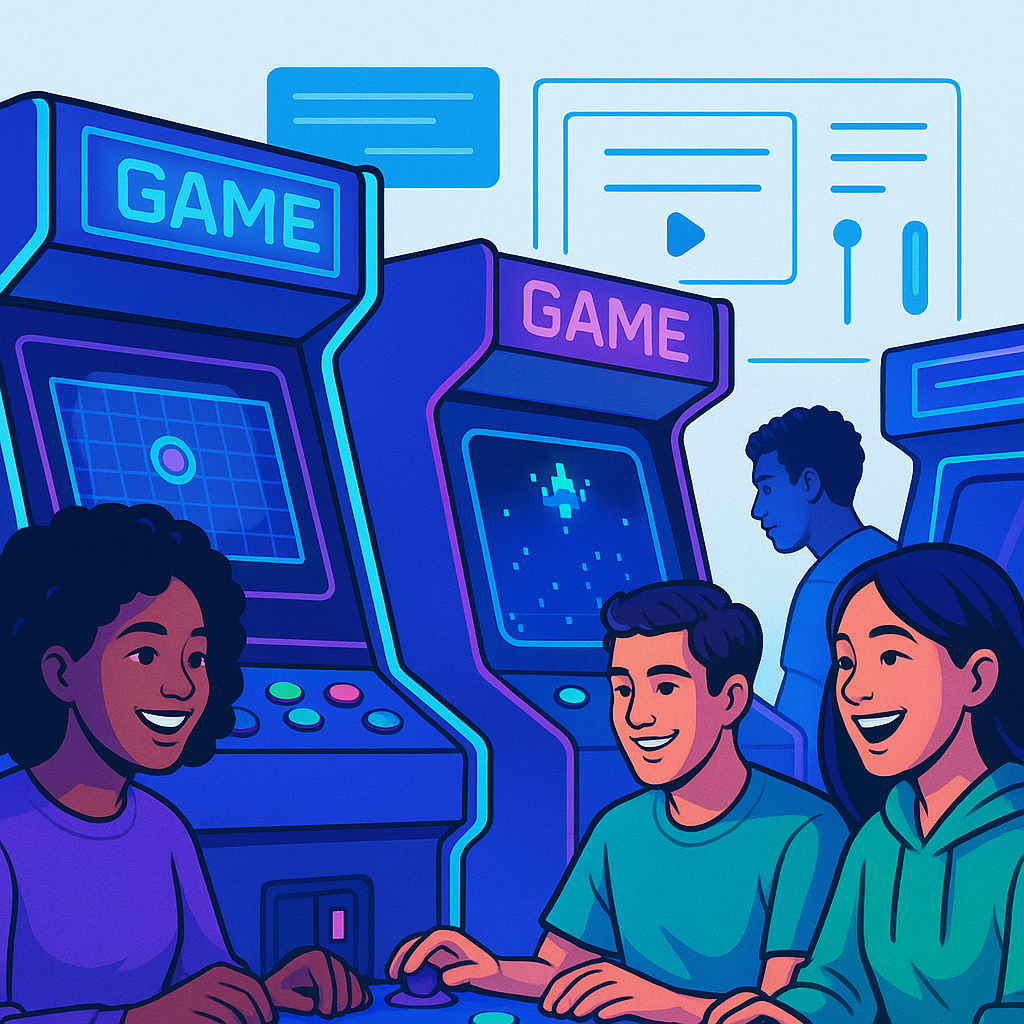 Hero collage of neon arcade scenes and playful UI